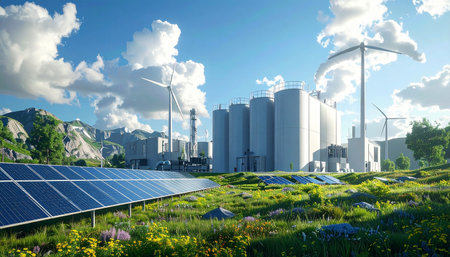 Power plant with photovoltaic panels and wind turbines generating electricityの素材