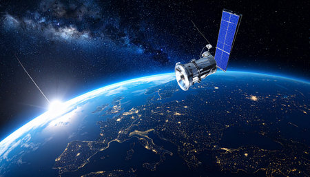 Satellite orbiting the planet earth. 3D rendering. Elements of this image furnished by NASAの素材