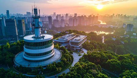 Aerial view of Suzhou city skyline at sunset, Jiangsu Province, China.の素材