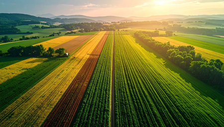 Aerial view of the agricultural fields and forests in Poland at sunrise.の素材