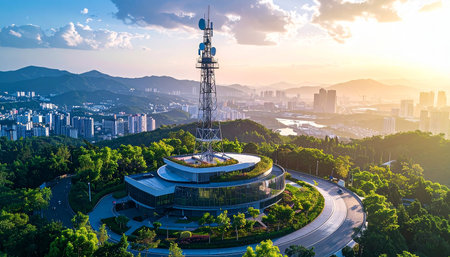 Aerial view of modern city at sunset, Taipei, Taiwanの素材