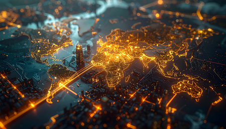 Futuristic city map with glowing lights. 3D Renderingの素材
