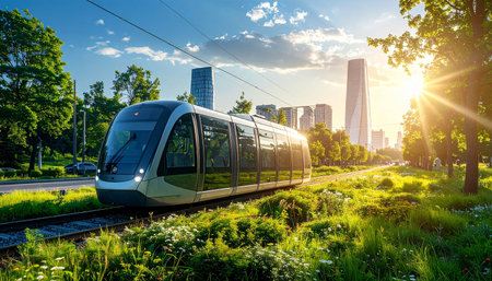 Modern electric tram in the city park at sunset, Moscow, Russiaの素材