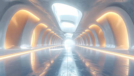 Futuristic corridor with glowing lights, 3d render illustration.の素材