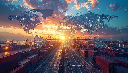 Cargo freight ship with container terminal and freight plane at sunset for Logistic Import Export background.の素材