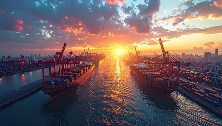 Aerial view of container terminal and cargo ship at sunset in Shanghai, Chinaの素材