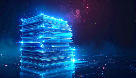 Stack of books with glowing lights on dark background. 3D Renderingの素材