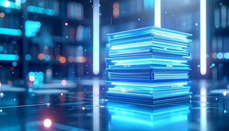 Stack of books on a table in a library 3D rendering.の素材