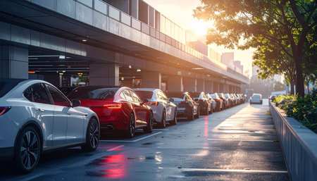 Car parking in the city at sunset. Automotive and transportation concept.の素材