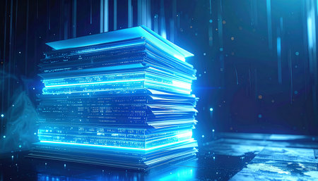 Stack of books on the table with blue lights. 3d renderingの素材