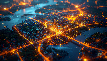 Aerial view of the city at night. 3D Renderingの素材