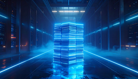 Futuristic server room with blue neon lights. 3d renderingの素材