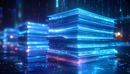 Stack of books with glowing binary code. Technology concept. 3D Renderingの素材