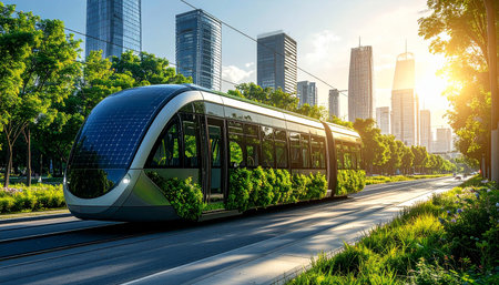 Modern tram in the city,shanghai,china.の素材