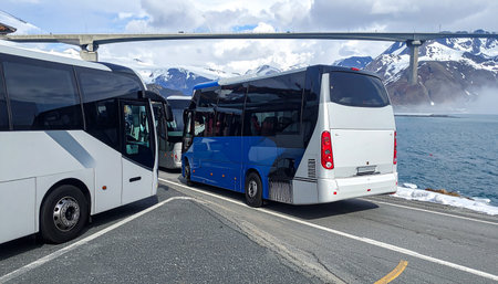 Tourist buses in the mountains of the Southern Alps, Austria.の素材