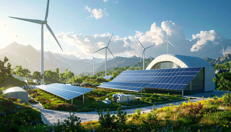 Solar panels, wind turbines and wind turbines on the background of mountainsの素材