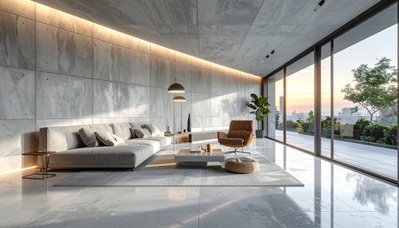 3d rendering of a modern living room with a panoramic viewの素材