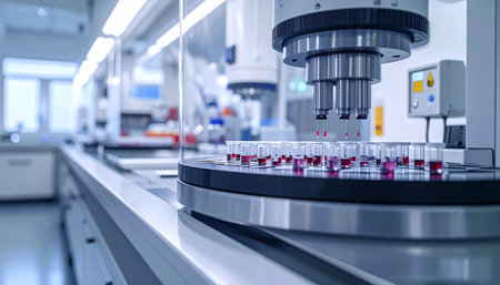 3d rendering of blood sample in test tube on conveyor beltの素材