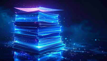 Glowing books on dark background, 3d rendering. Computer digital drawing.の素材