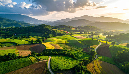 Beautiful panoramic aerial view of tea plantation at sunset.の素材