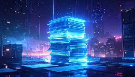 Stack of books with glowing blue neon lights. Education concept. 3D Renderingの素材