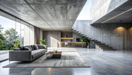 Interior of modern living room with concrete walls, concrete floor, gray sofa and coffee table. 3d renderingの素材