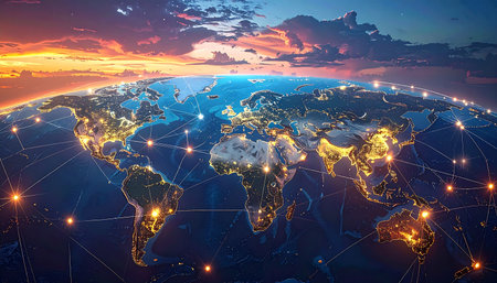World map with glowing lines on planet Earth at sunset. Concept of international communication and technology. 3d rendering.の素材