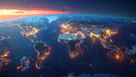 Sunset over the planet Earth as seen from space. 3D renderingの素材