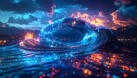Futuristic technology landscape. Futuristic virtual world with glowing lines and mountains.の素材