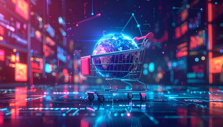 Shopping cart with globe on abstract background. 3D Renderingの素材