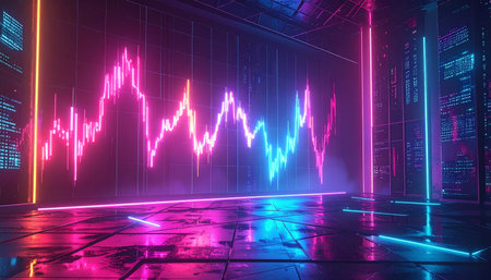 3d rendering of abstract futuristic background with neon lights. Futuristic interior with neon lights and reflections.の素材
