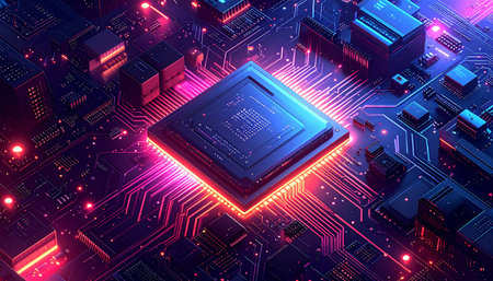 Circuit board with microchips. 3d rendering, 3d illustration.の素材
