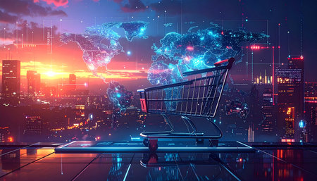 Shopping cart with world map on the background of the night cityの素材