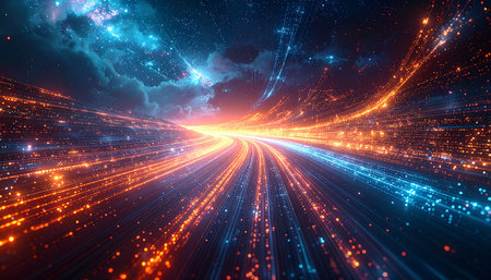 Futuristic technology wave background with glowing particles. 3d renderingの素材