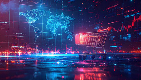 Shopping cart and world map on dark background. Online shopping concept. 3D Renderingの素材