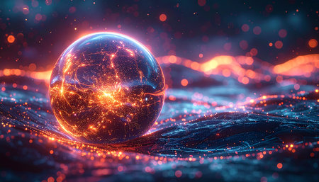 Glowing sphere with glowing particles. 3d rendering, 3d illustration.の素材