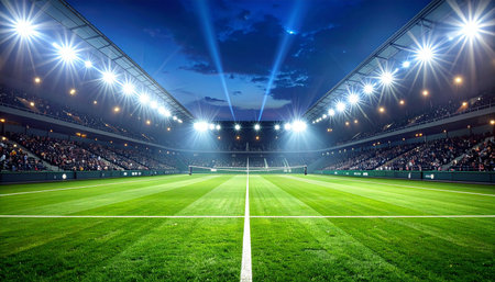 lights at night football stadium with green grass field and bright spotlightsの素材