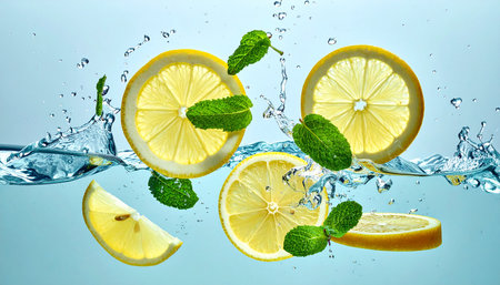Lemon and mint falling into water with splash on blue background.の素材