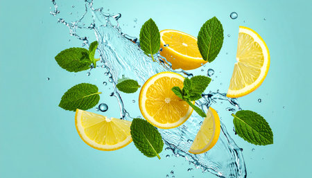Water splash with fresh lemon slices and mint leaves on blue background.の素材