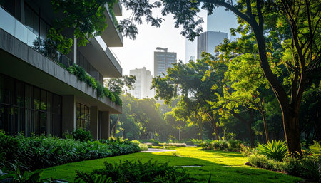 City park with trees and grass in the morning, Bangkok, Thailandの素材