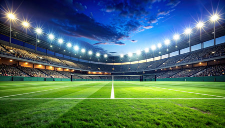 Evening football stadium with bright lights and green grass. Vector illustration.の素材