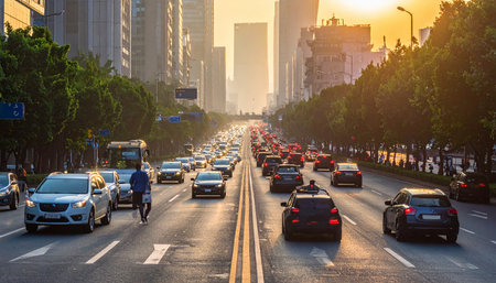 Traffic jam in the city at sunset, Beijing, China.の素材