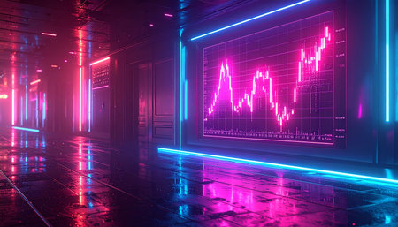 3D rendering of abstract futuristic interior with neon lights and financial graphの素材