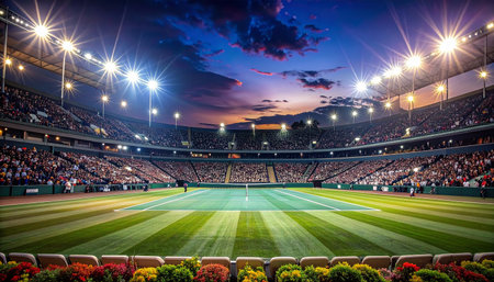 Evening football stadium with full stadium lights and green grass, soccer fieldの素材