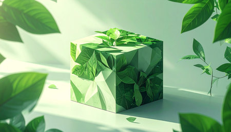 3d illustration of green cube with leaves and shadow on white backgroundの素材