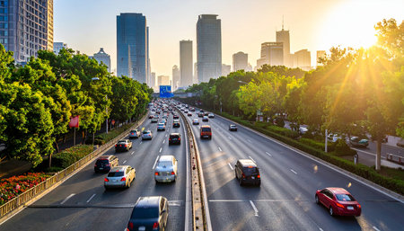 Highway in the city at sunset, Shenzhen, China.の素材