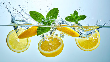 Lemon and mint falling into water with splash isolated on white backgroundの素材