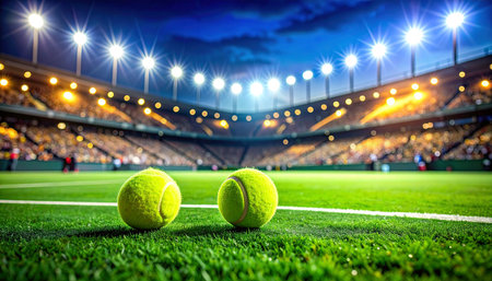 Tennis ball on the green field of stadium with lights at nightの素材