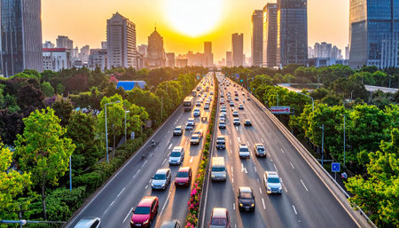 Aerial view of modern city traffic at sunset, Shanghai, Chinaの素材