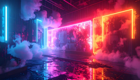 Futuristic Sci-Fi Futuristic Room with neon lights. 3D Renderingの素材